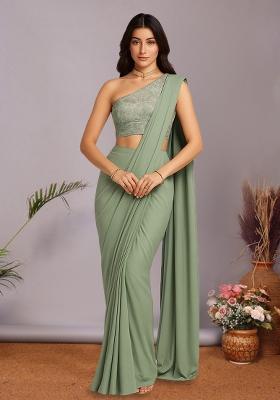 Multicolour Embroidered Silk Pre Draped Saree Set