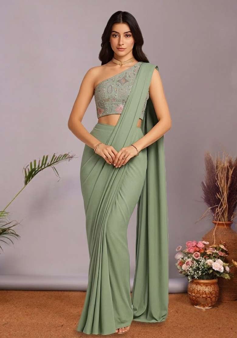 Multicolour Embroidered Silk Blend Pre Draped Saree Set - Indya