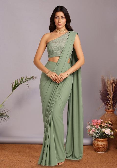 Multicolour Embroidered Silk Pre Draped Saree Set