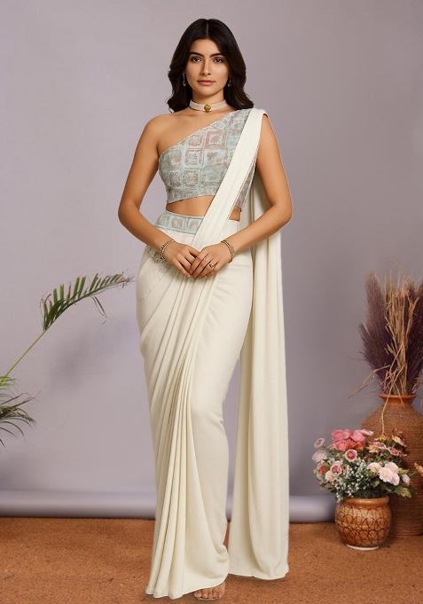 Multicolour Embroidered Silk Pre Draped Saree Set