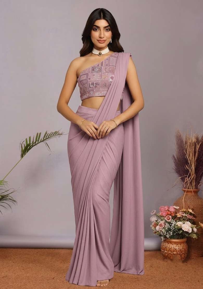 Multicolour Embroidered Silk Blend Pre Draped Saree Set - Indya