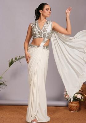 Multicolour Embroidered Silk Pre Draped Saree Set