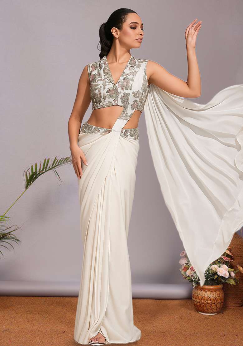 Multicolour Embroidered Silk Blend Pre Draped Saree Set - Indya
