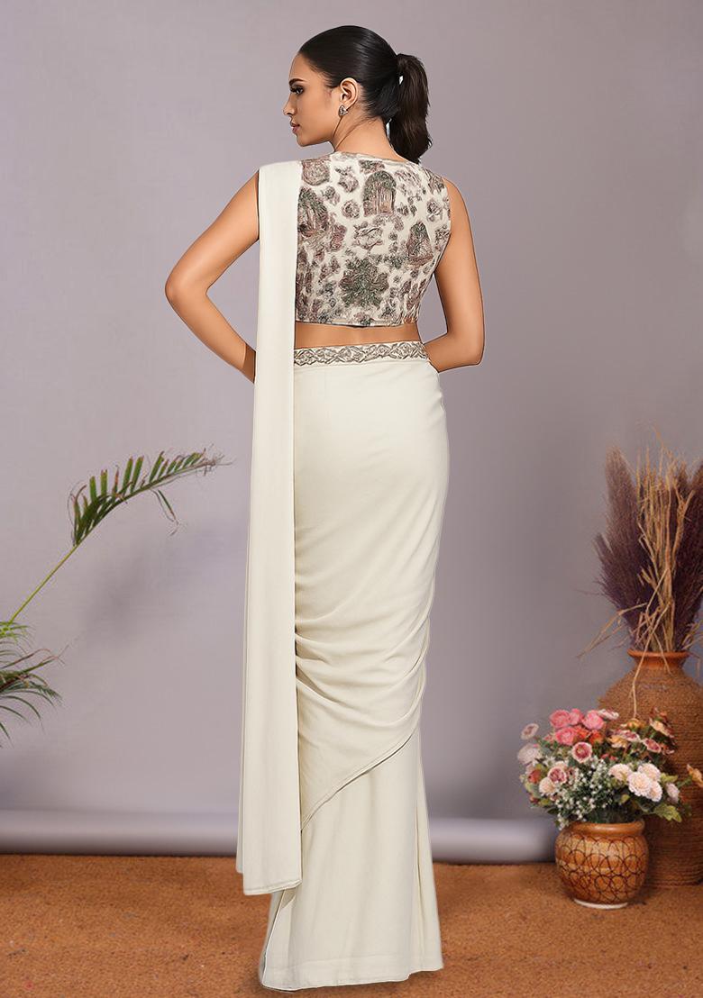 Multicolour Embroidered Silk Pre Draped Saree Set - Indya