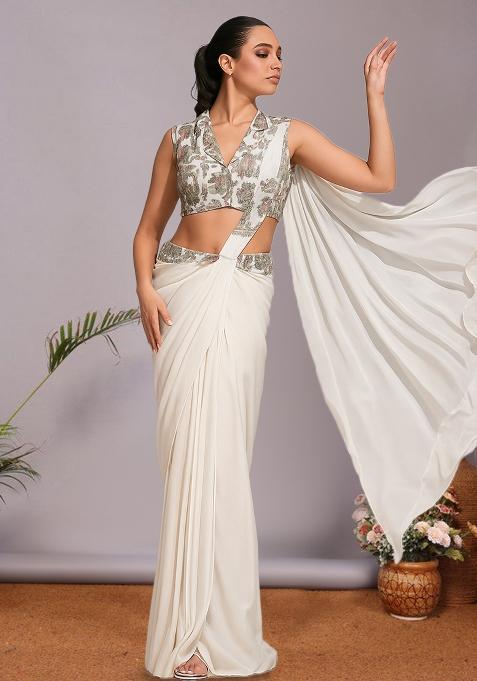 Multicolour Embroidered Silk Pre Draped Saree Set