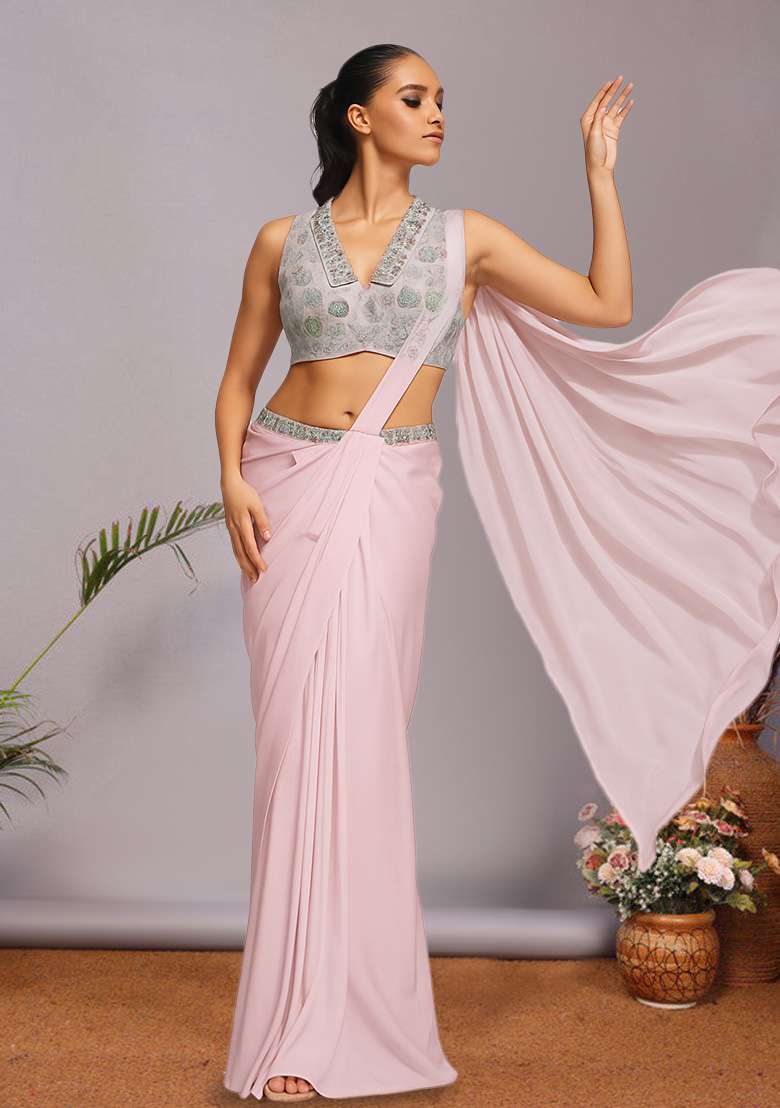 Multicolour Embroidered Silk Blend Pre Draped Saree Set - Indya