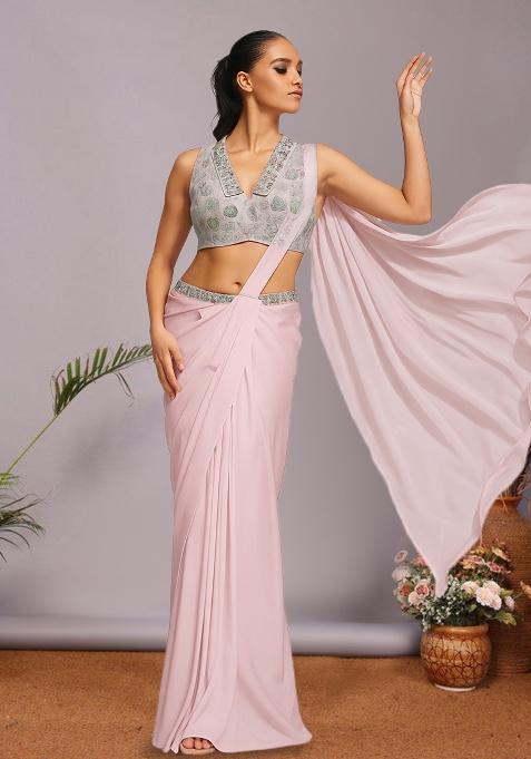 Multicolour Embroidered Silk Pre Draped Saree Set