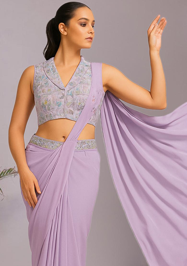 Multicolour Embroidered Silk Pre Draped Saree Set - Indya