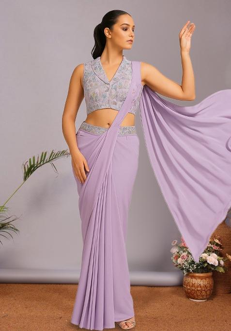 Multicolour Embroidered Silk Pre Draped Saree Set