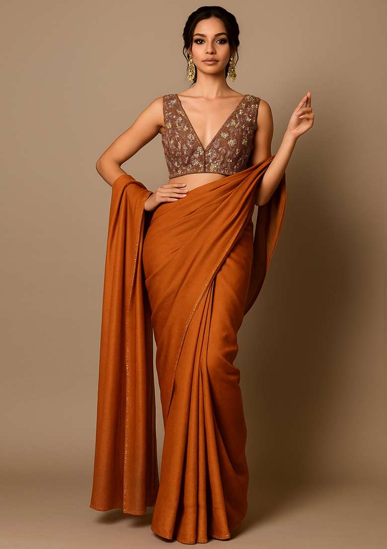 Mustard Embroidered Crepe Pre Draped Saree Set - Indya