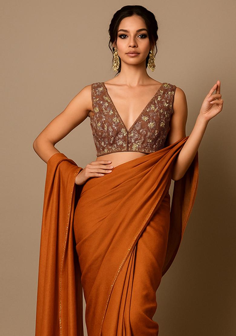 Mustard Embroidered Crepe Pre Draped Saree Set - Indya