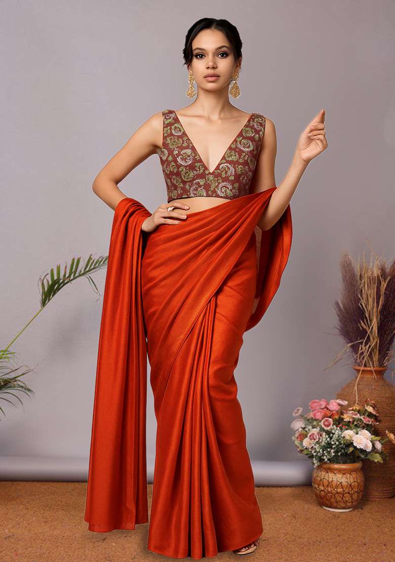 Red Floral Print Crepe Pre Draped Saree Set - Indya