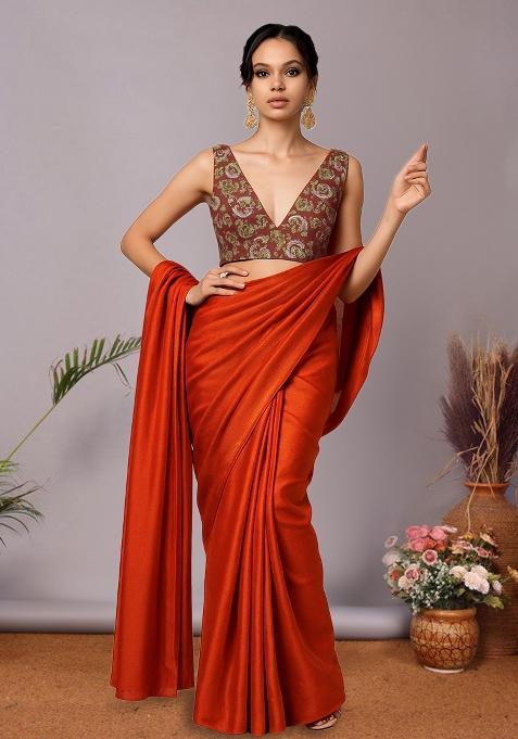 Red Floral Print Crepe Pre Draped Saree Set