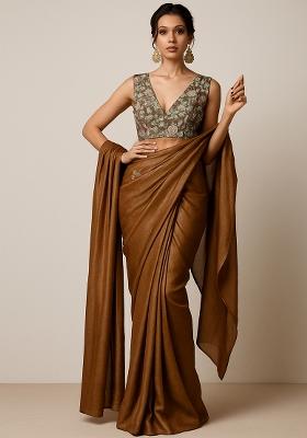 Brown Floral Print Crepe Pre Draped Saree Set