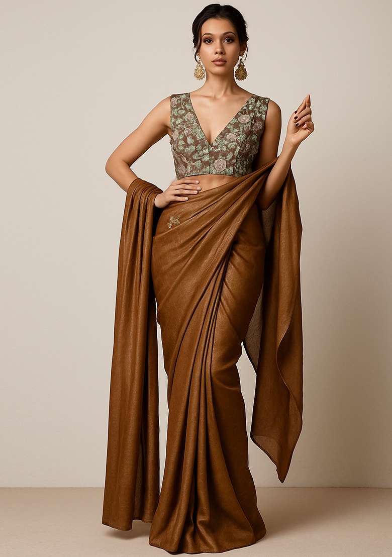 Brown Floral Print Crepe Pre Draped Saree Set - Indya