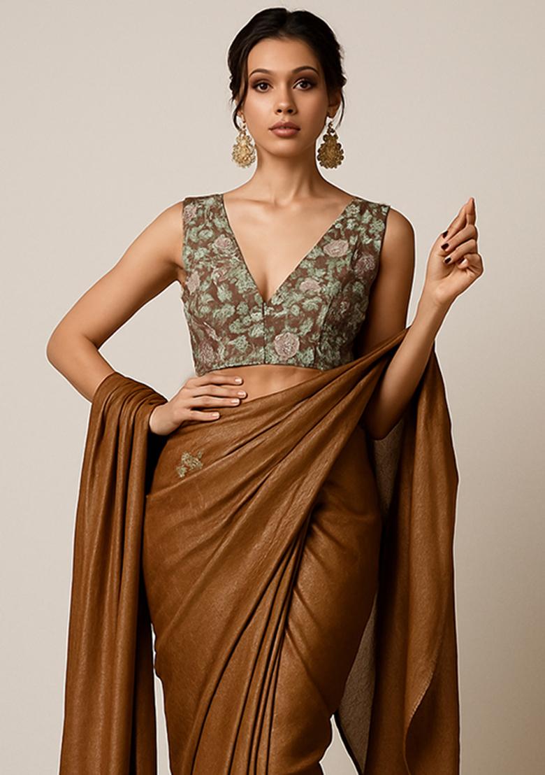 Brown Floral Print Crepe Pre Draped Saree Set - Indya