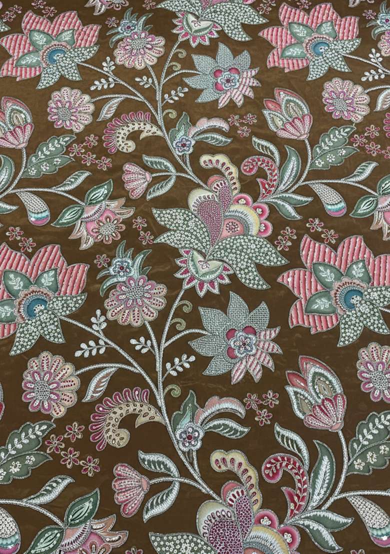 Brown Floral Print Crepe Pre Draped Saree Set - Indya