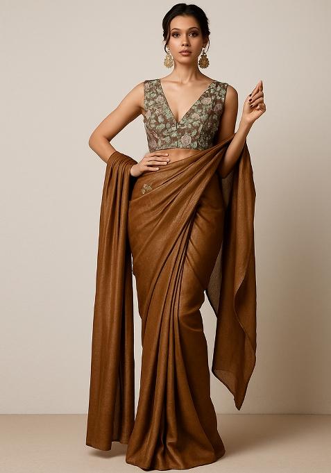 Brown Floral Print Crepe Pre Draped Saree Set