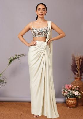 Multicolour Embroidered Silk Pre Draped Saree Set