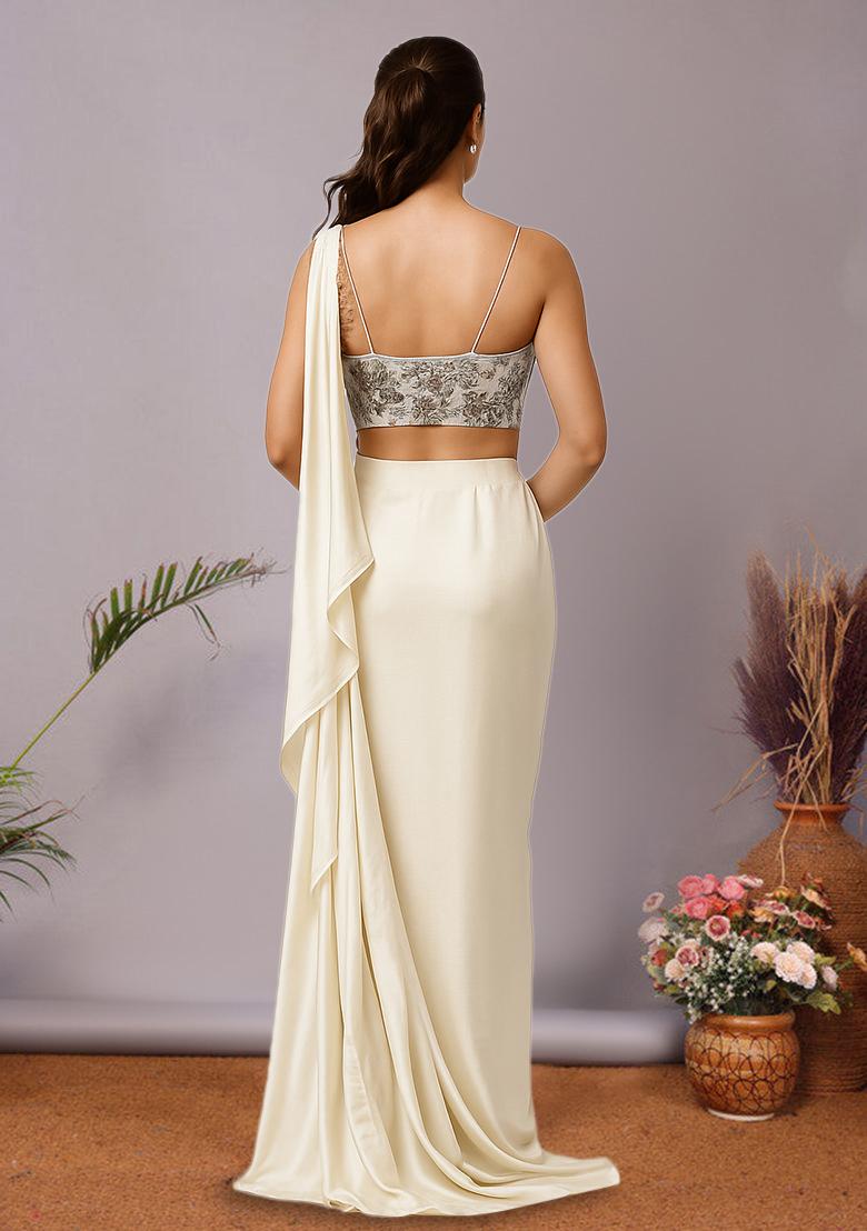 Multicolour Embroidered Silk Pre Draped Saree Set - Indya