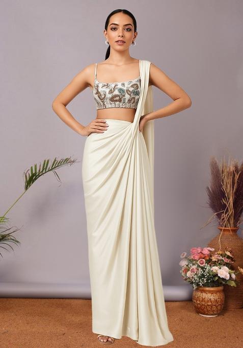 Multicolour Embroidered Silk Pre Draped Saree Set