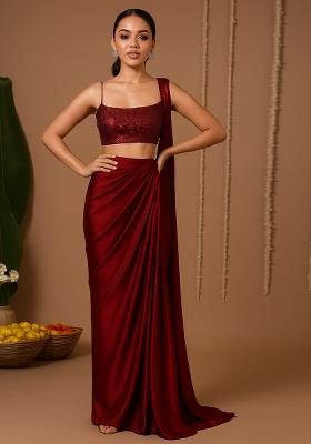 Red Sequin Net Pre Draped Saree Set