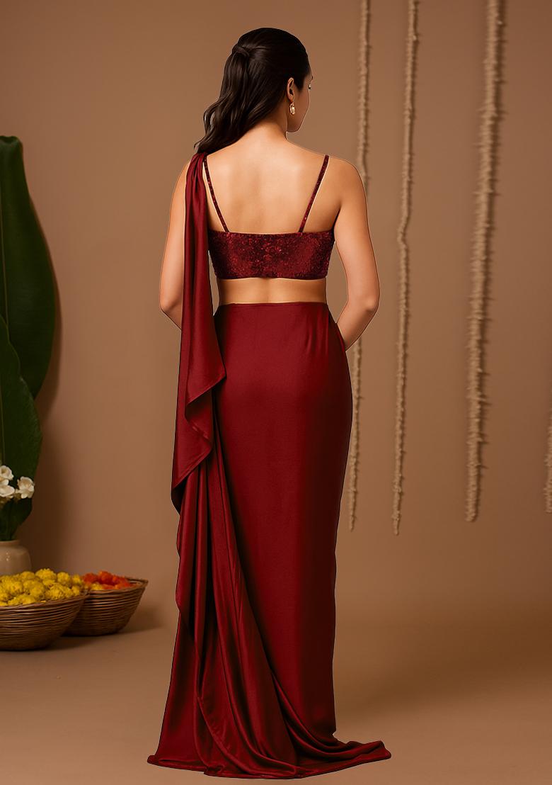 Red Sequin Net Pre Draped Saree Set - Indya