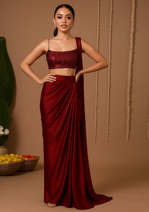 Red Sequin Net Pre Draped Saree Set