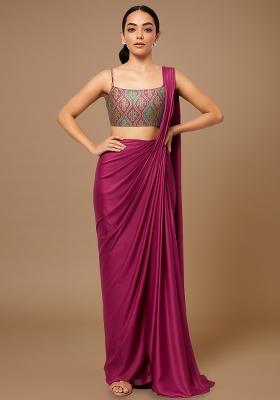 Multicolour Silk Printed Pre Draped Saree Set