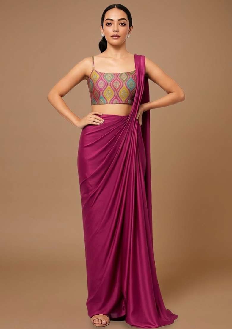 Multicolour Silk Blend Printed Pre Draped Saree Set - Indya