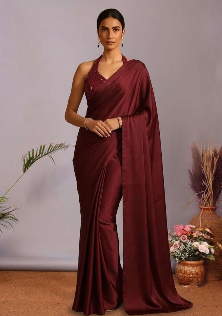 Red Sequin Lurex Pre Draped Saree Set for Diwali and Festive Wear - Indya