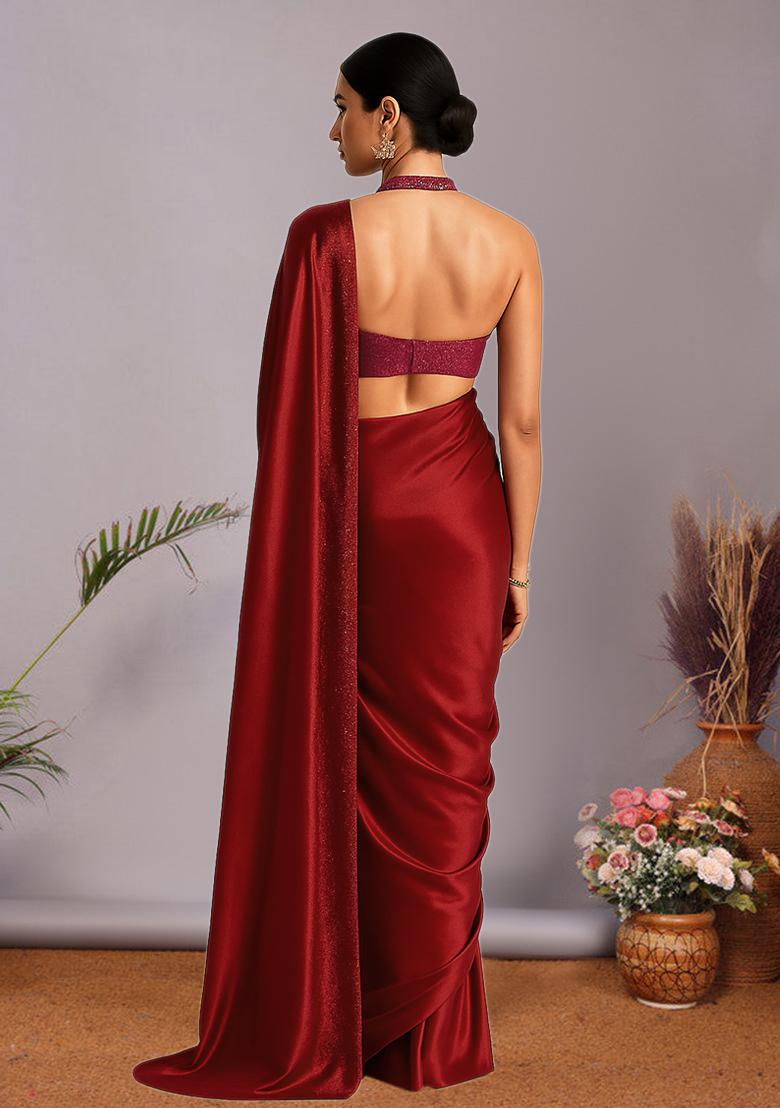 Red Sequin Lurex Pre Draped Saree Set - Indya