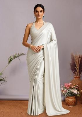 White Sequin Net Pre Draped Saree Set