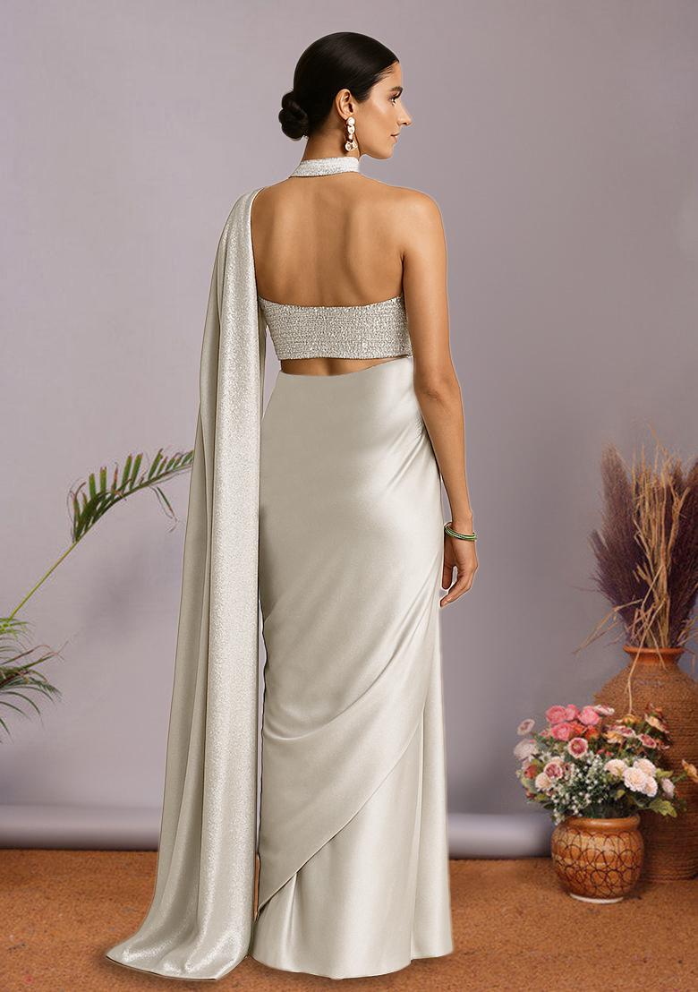 White Sequin Net Pre Draped Saree Set - Indya