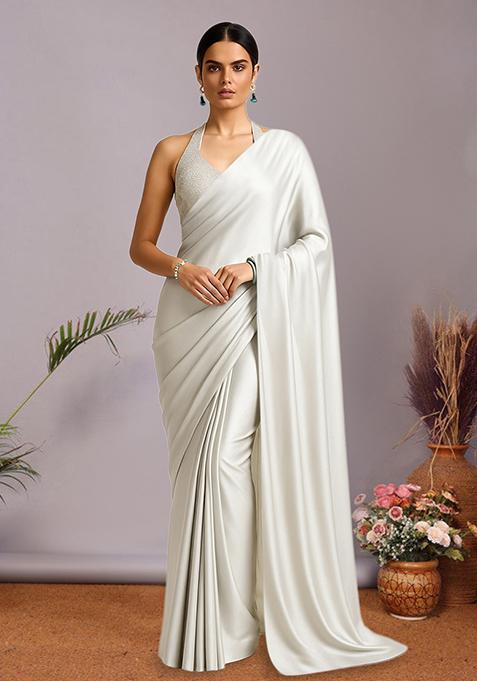 White Sequin Net Pre Draped Saree Set