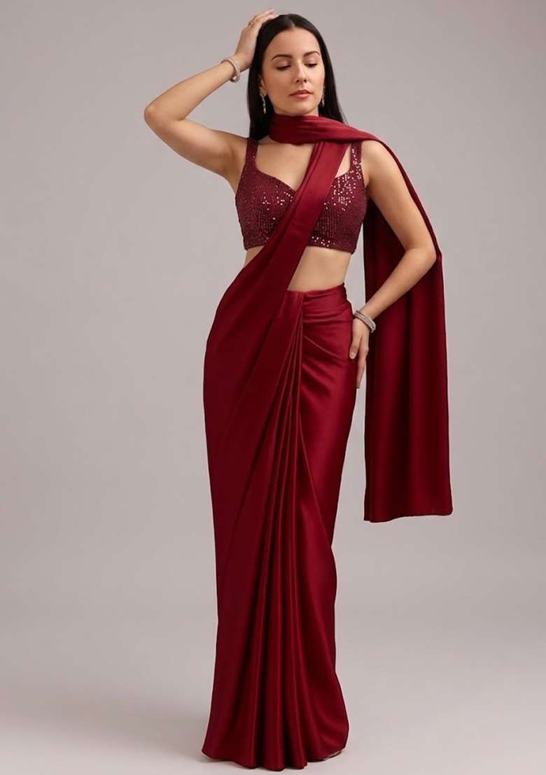 Red Lurex Pre Draped Saree Set with Sequin for Diwali | Wedding & Festive Wear - Indya
