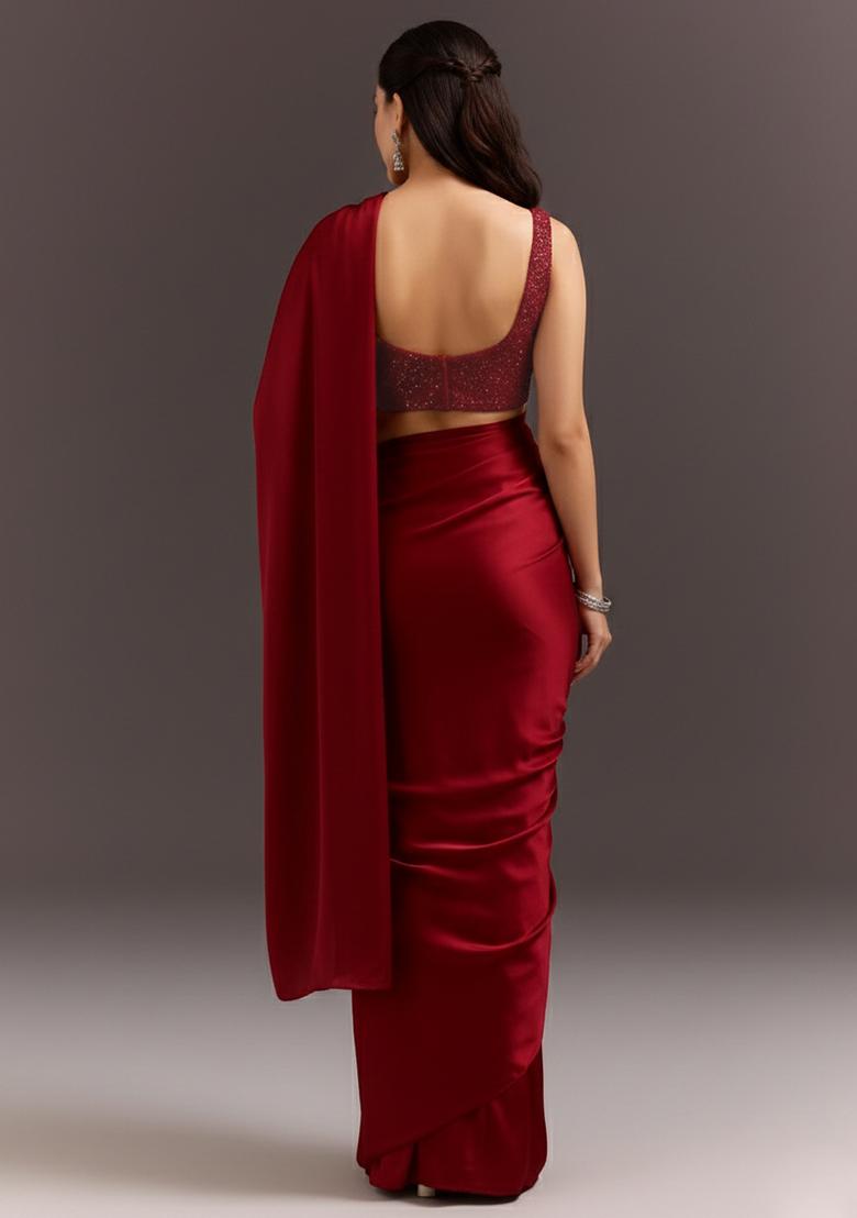 Red Sequin Lurex Pre Draped Saree Set - Indya