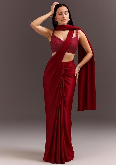 Red Sequin Lurex Pre Draped Saree Set