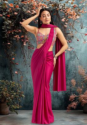 Multicolour Silk Printed Pre Draped Saree Set