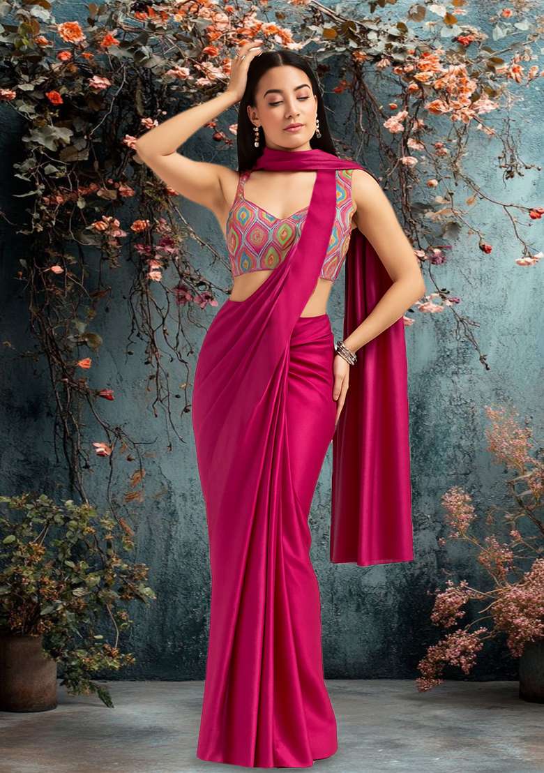 Multicolour Silk Blend Printed Pre Draped Saree Set - Indya