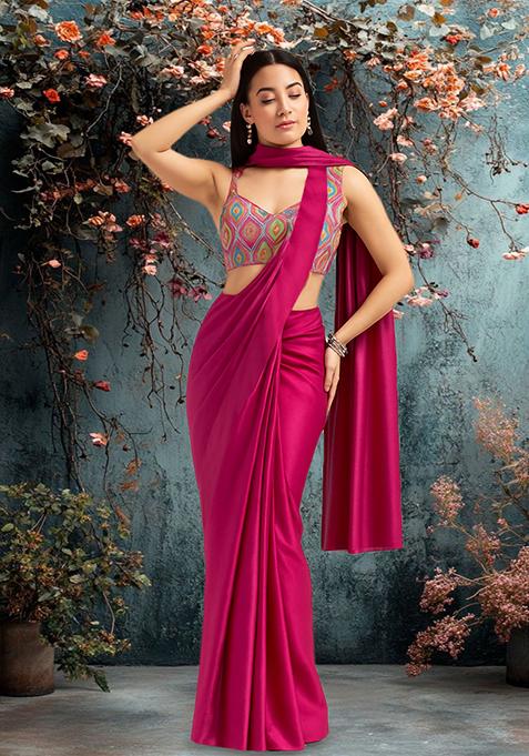 Multicolour Silk Printed Pre Draped Saree Set