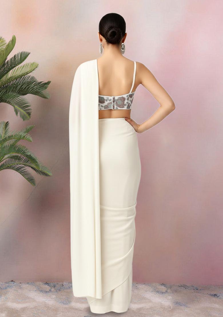 Multicolour Embroidered Silk Pre Draped Saree Set - Indya