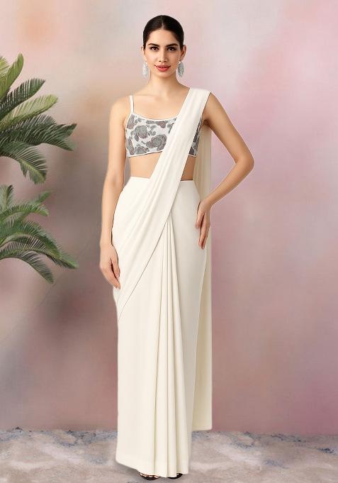 Multicolour Embroidered Silk Pre Draped Saree Set