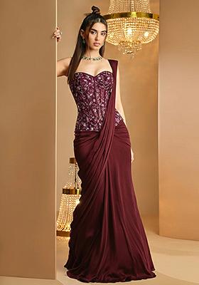 White Handwork Net Pre Draped Saree Set