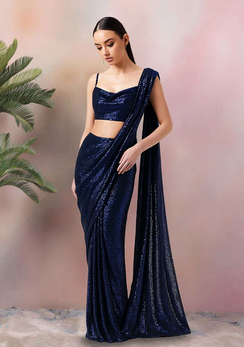 Blue Sequin Net Pre Draped Saree Set - Indya