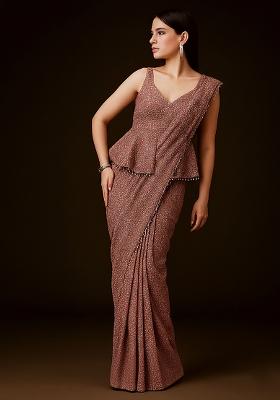 Pink Embellished Lurex Pre Draped Saree Set