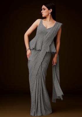 Grey Embellished Lurex Pre Draped Saree Set