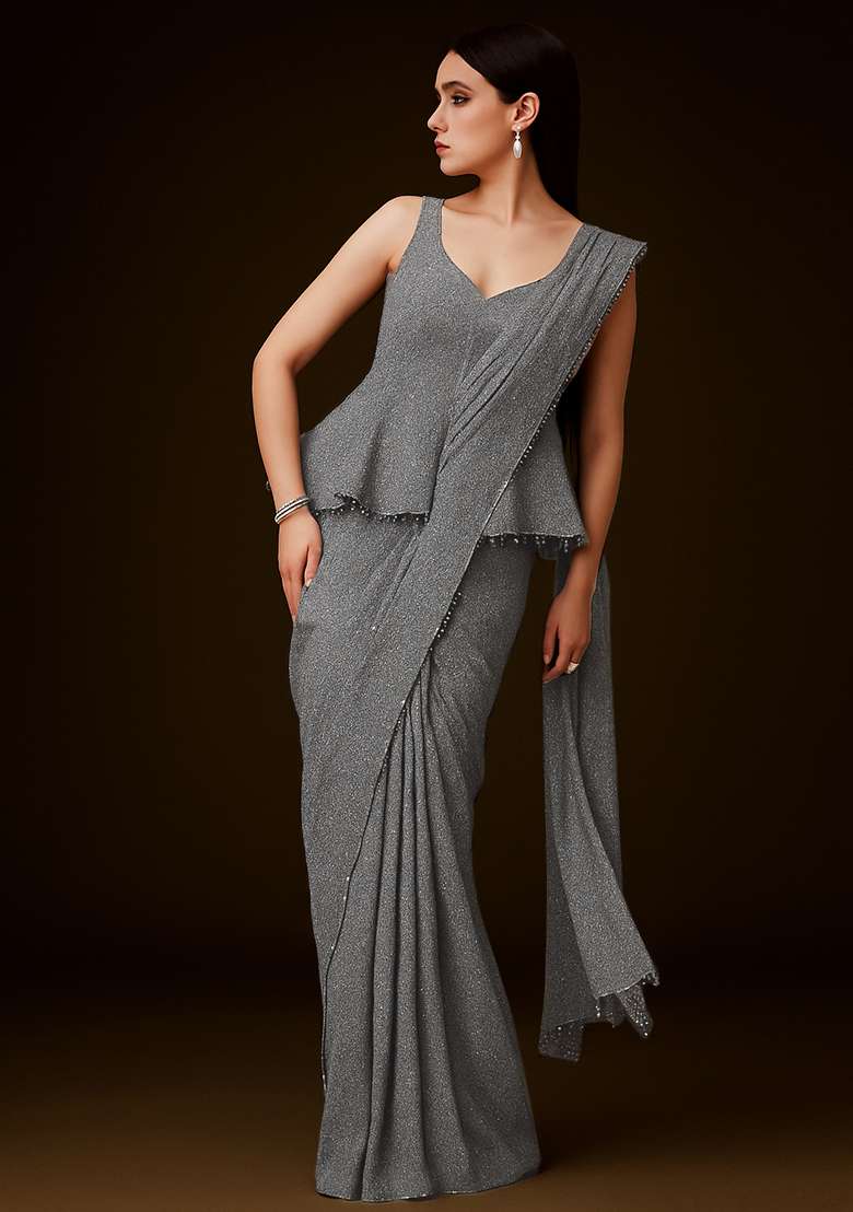 Grey Embellished Lurex Pre Draped Saree Set for Diwali and Festive Wear - Indya