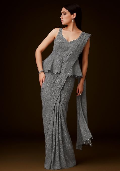 Grey Embellished Lurex Pre Draped Saree Set