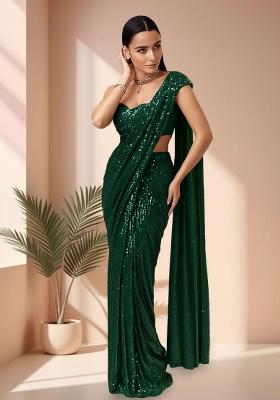 Green Sequin Net Pre Draped Saree Set